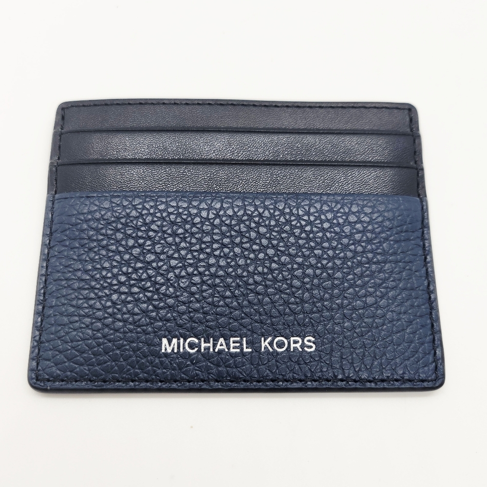Michael Kors Cooper Pebbled Leather Tall Card Case Navy Blue & Black NWT